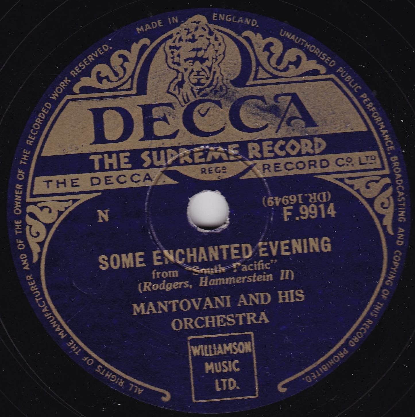 Mantovani And His Orchestra - Some Enchanted Evening (Decca) 10" shellac VG/-