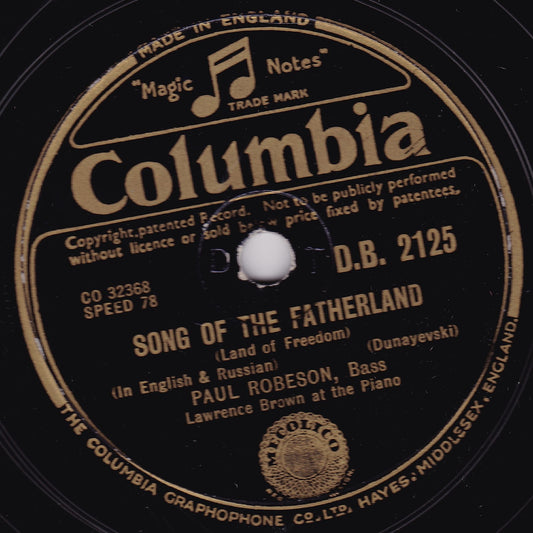 Paul Robeson ‎– Song Of The Fatherland (Columbia) 10" shellac single VG/-