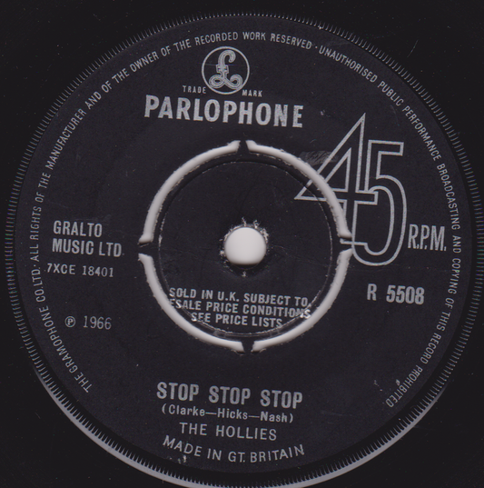 Parlophone 45 RPM record label for 'Stop Stop Stop' by The Hollies