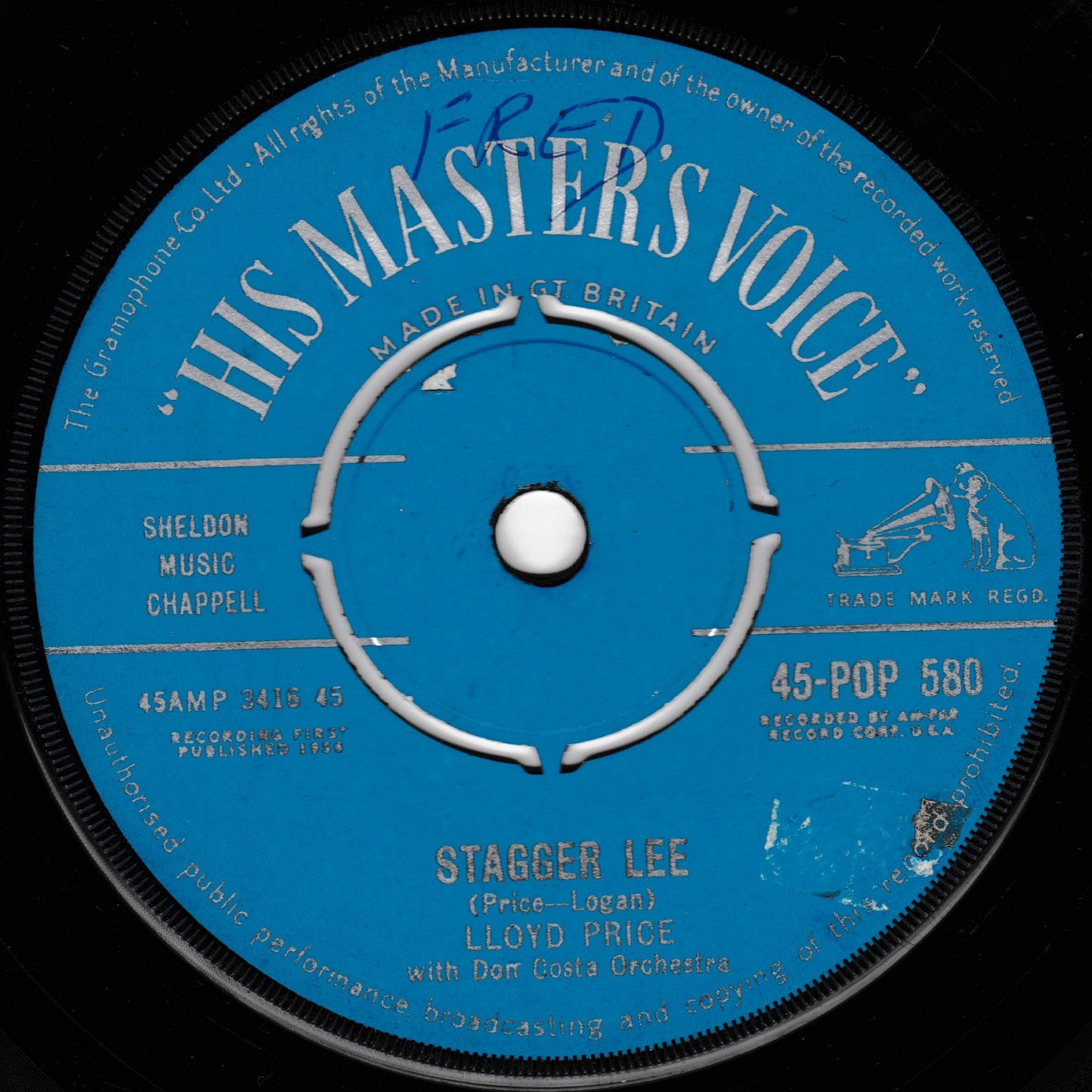 Blue label of a vinyl record with 'His Master's Voice' branding