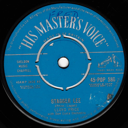 Blue label of a vinyl record with 'His Master's Voice' branding
