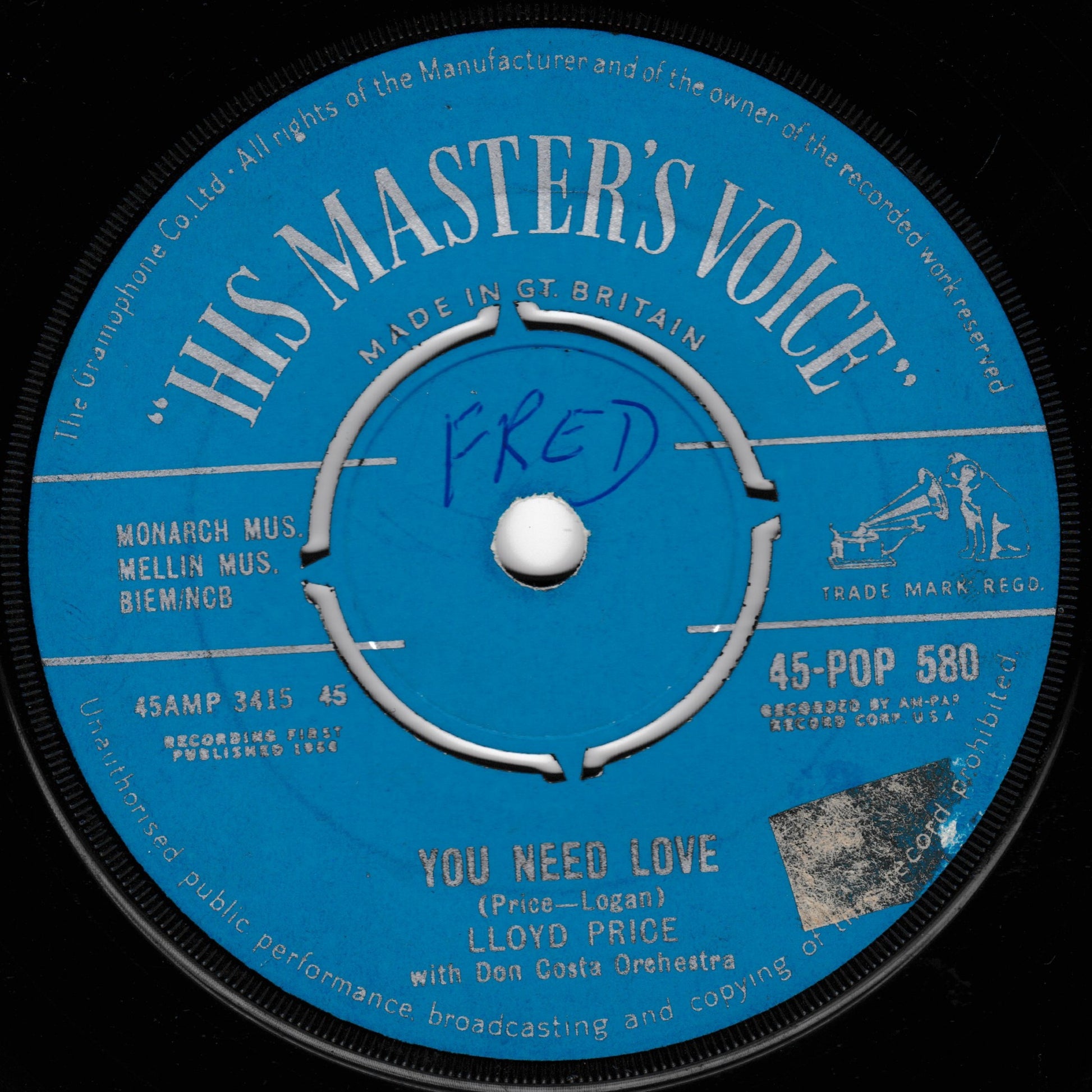 Record label from 'His Master's Voice' with text and branding