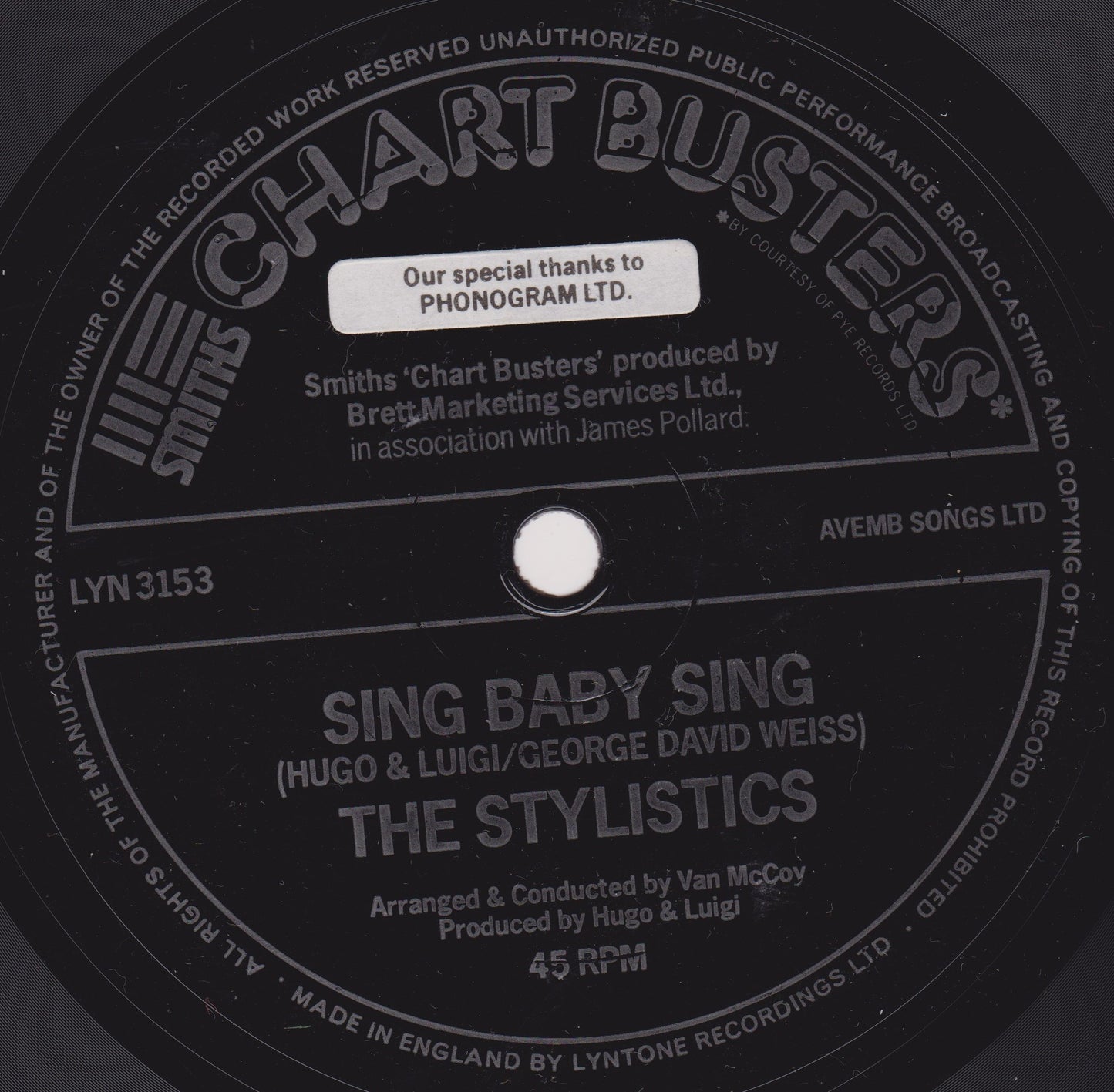 The Stylistics – Let's Put It All Together / Sing Baby Sing (Smiths Crisps 1975) 7" flexi-disc VG
