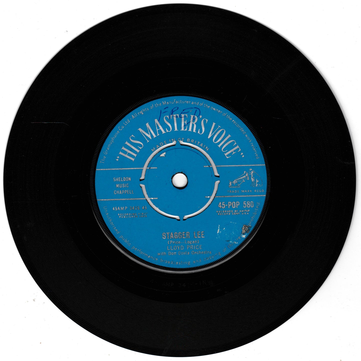 Black vinyl record with blue label featuring 'His Master's Voice' logo on a white background