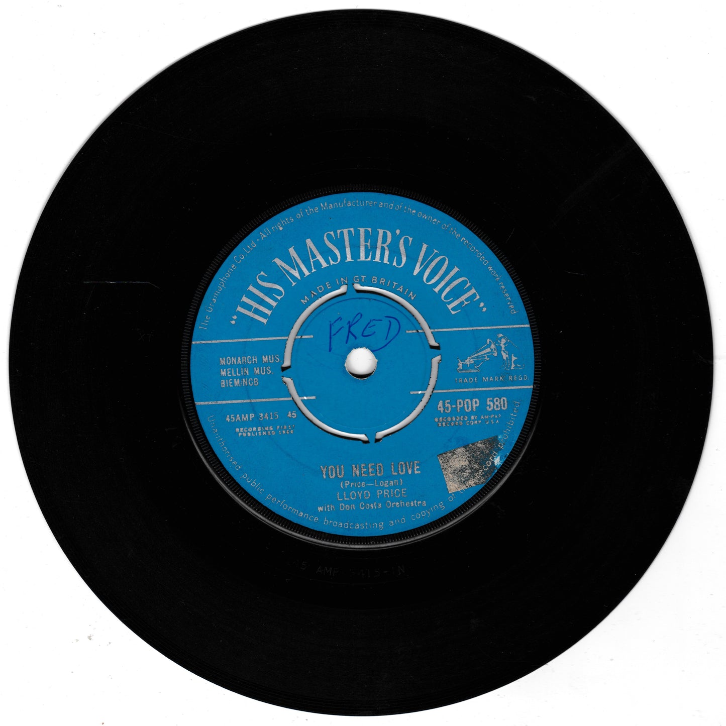 Vinyl record with blue label featuring 'His Master's Voice' logo on a white background
