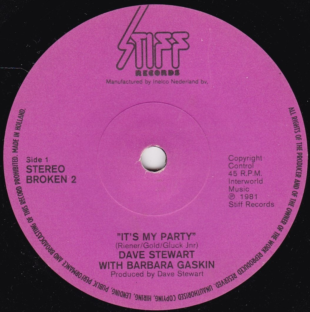 Dave Stewart With Barbara Gaskin – It's My Party (Stiff 1981) 7" vinyl single G+/-