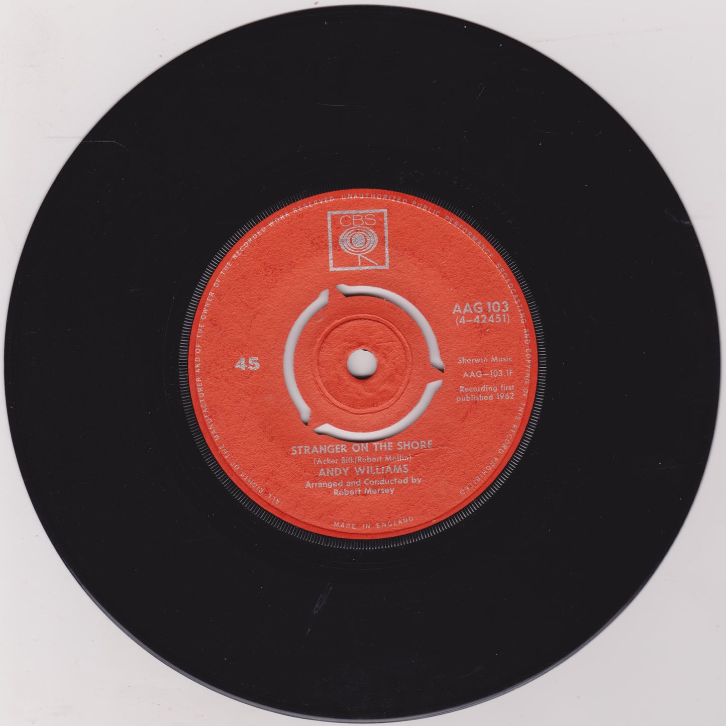 Andy Williams ‎– Stranger On The Shore (CBS 1962) 7" vinyl single VG/-