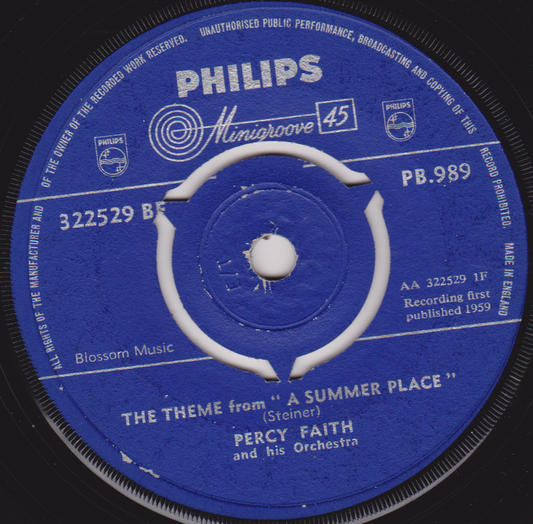 Percy Faith And His Orchestra ‎– The Theme From "A Summer Place" (Philips 1959) 7" vinyl single VG/-
