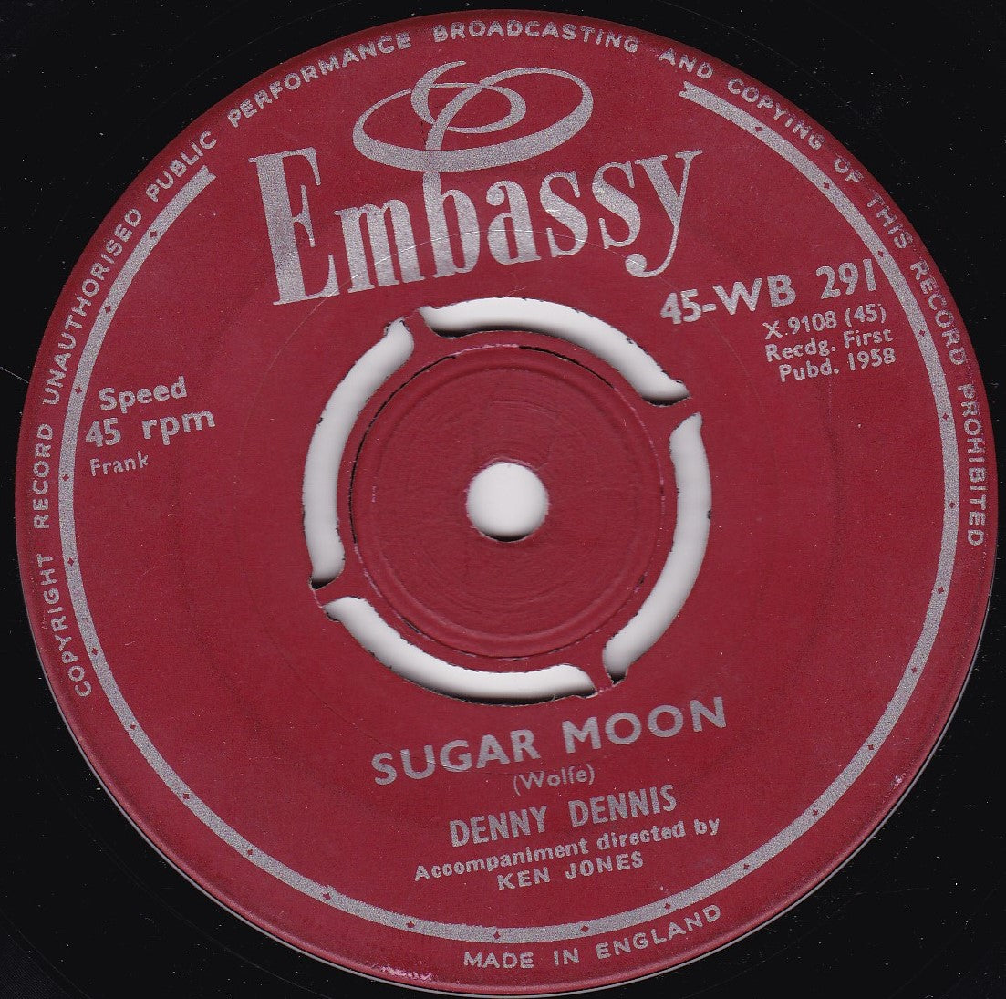 Denny Dennis – Sugar Moon (Embassy 1958) 7" vinyl single G+/-