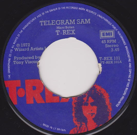T-Rex – Telegram Sam (T-Rex 1972) 7" vinyl single G/- jukebox centre