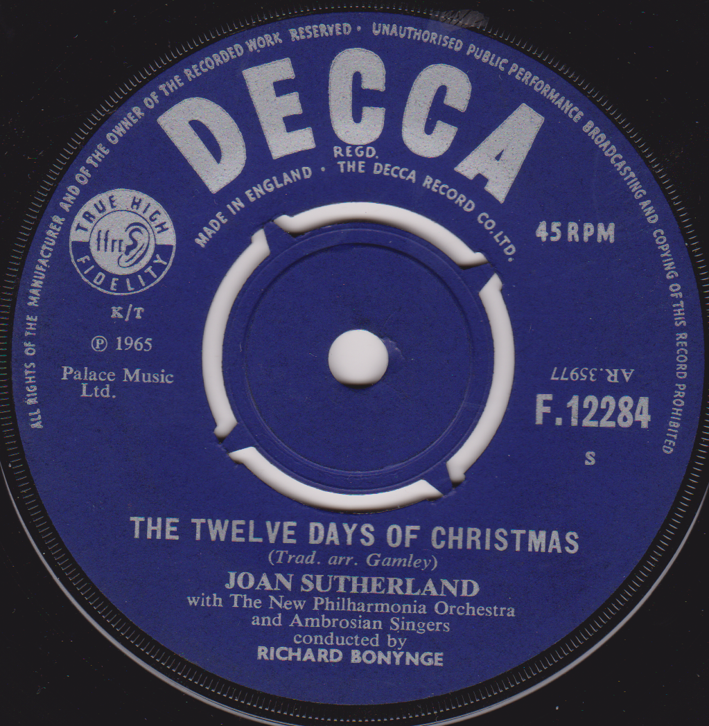 Joan Sutherland – The Twelve Days Of Christmas (Decca 1965) 7" vinyl single VG/-