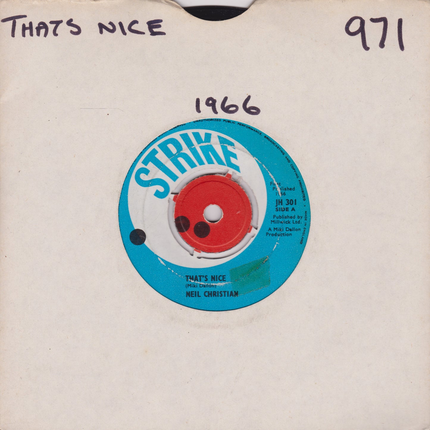 Neil Christian ‎– That's Nice (Strike 1966) 7" vinyl single G+/-