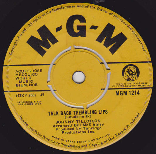 MGM record label with text and music details on a yellow background