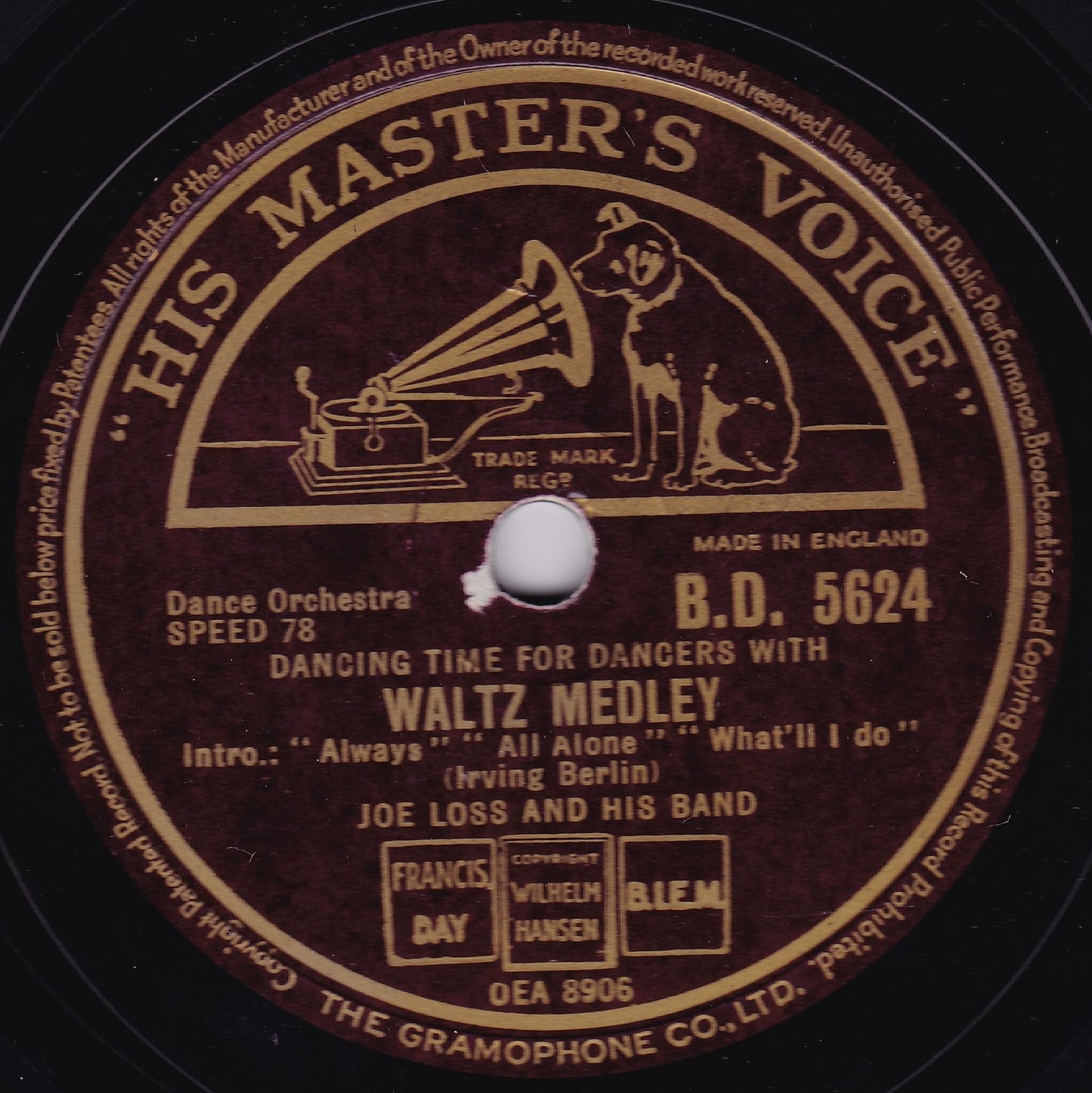 Joe Loss & His Orchestra ‎– Tango Medley / Waltz Medley (HMV) 10" shellac VG/-