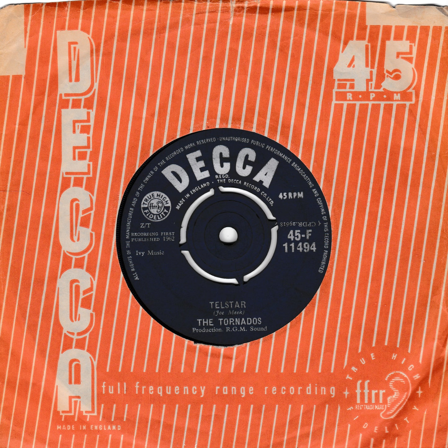 Decca 45 RPM record sleeve with a black label