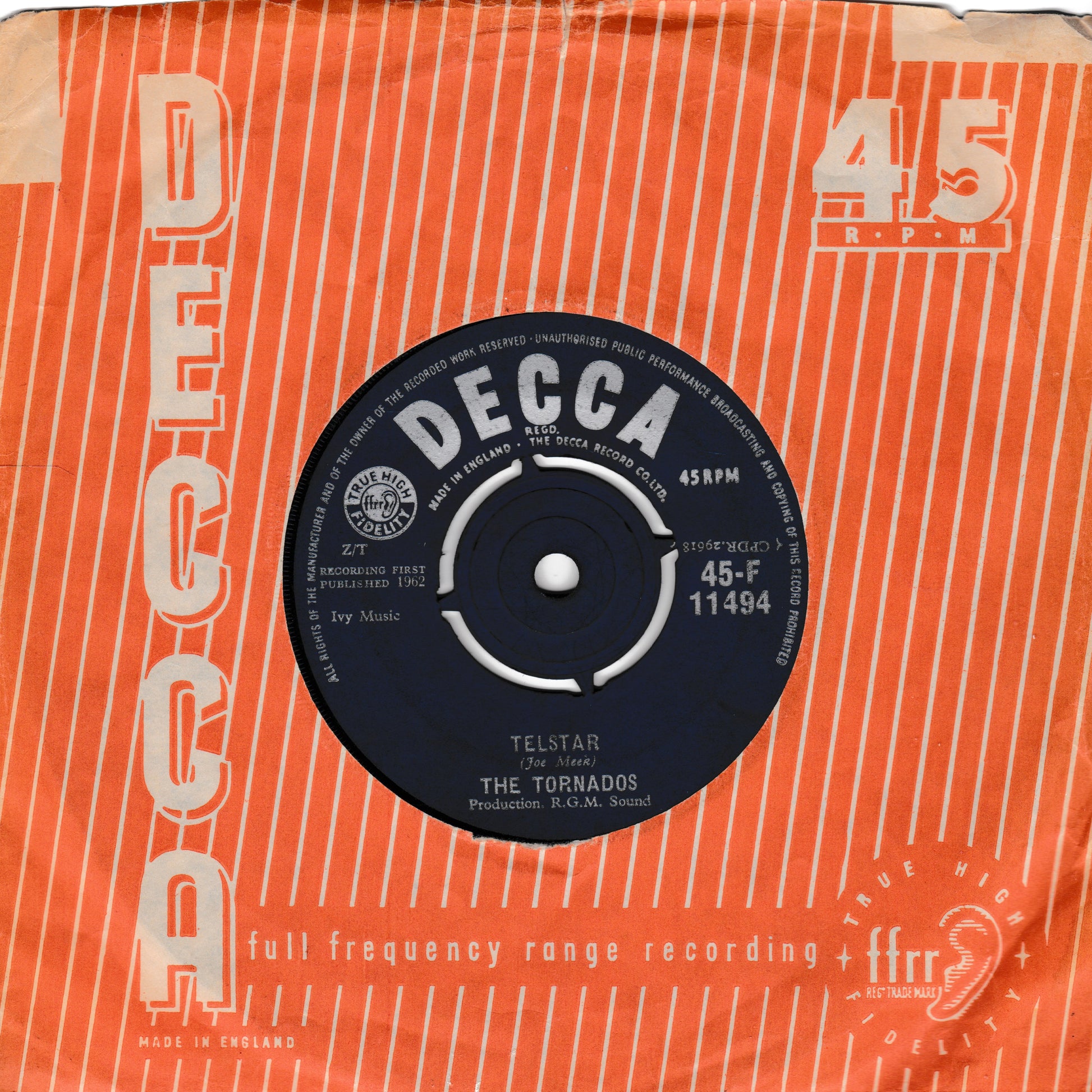 Decca 45 RPM record sleeve with a black label
