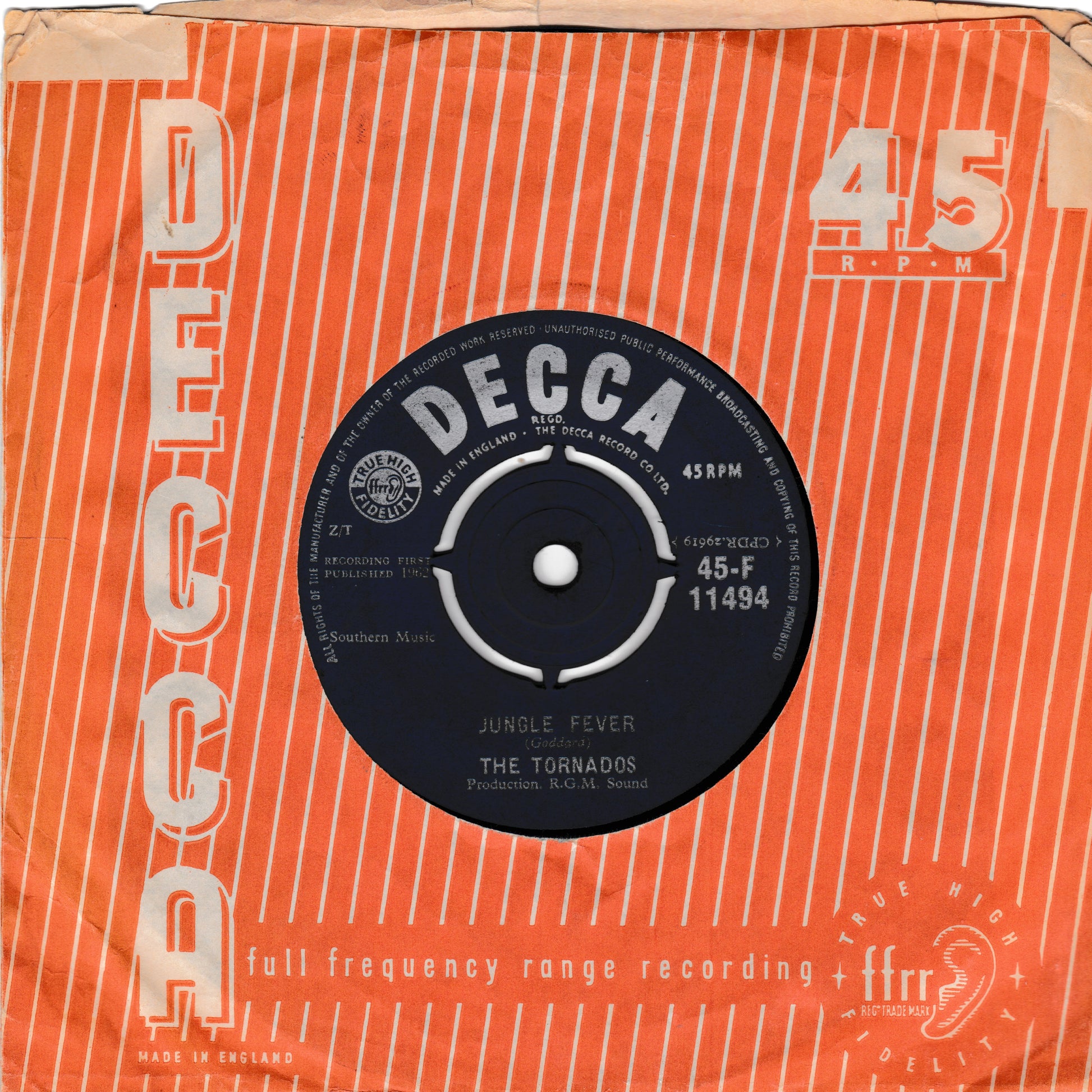 Decca 45 RPM record cover with text and branding