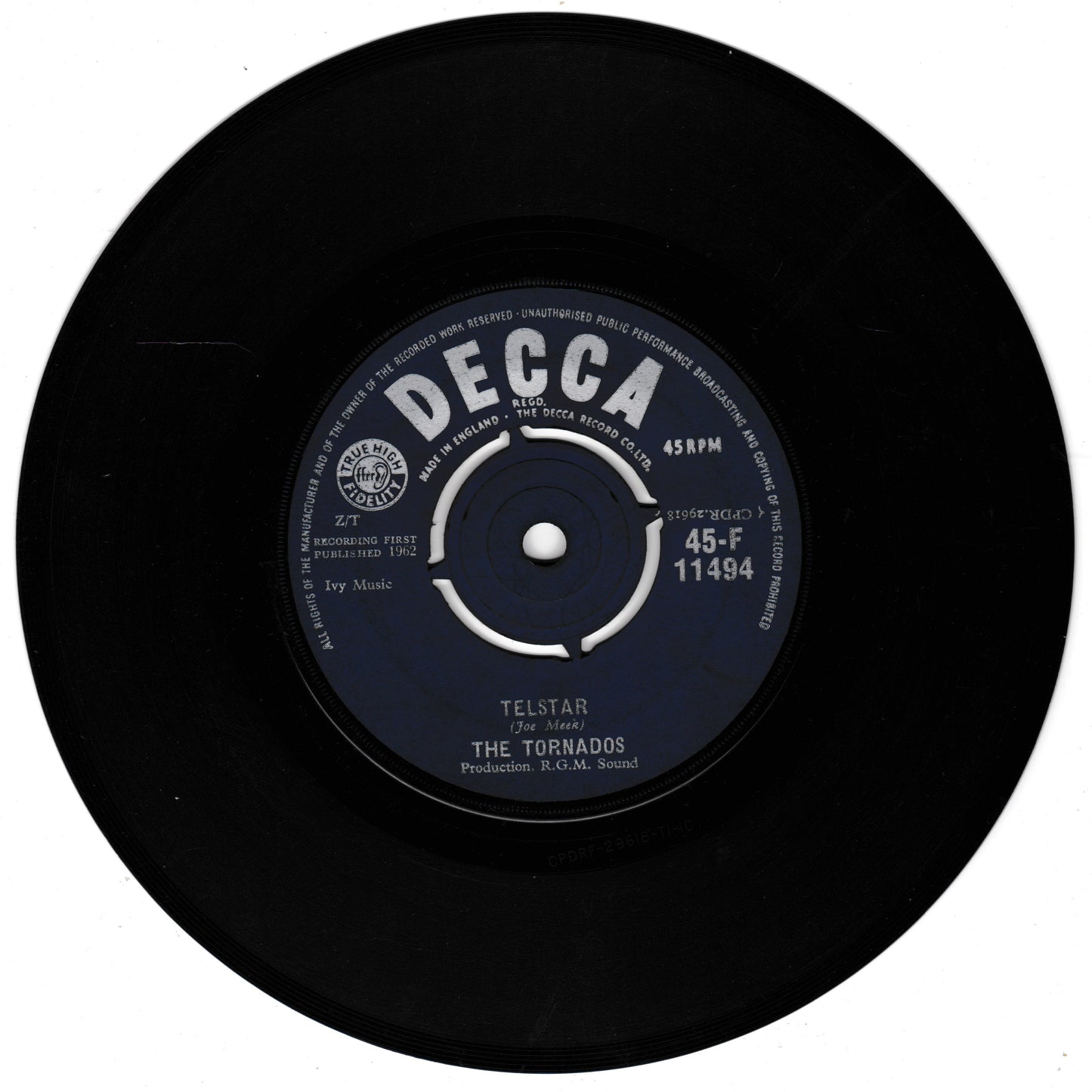 Black vinyl record with a Decca label on a white background