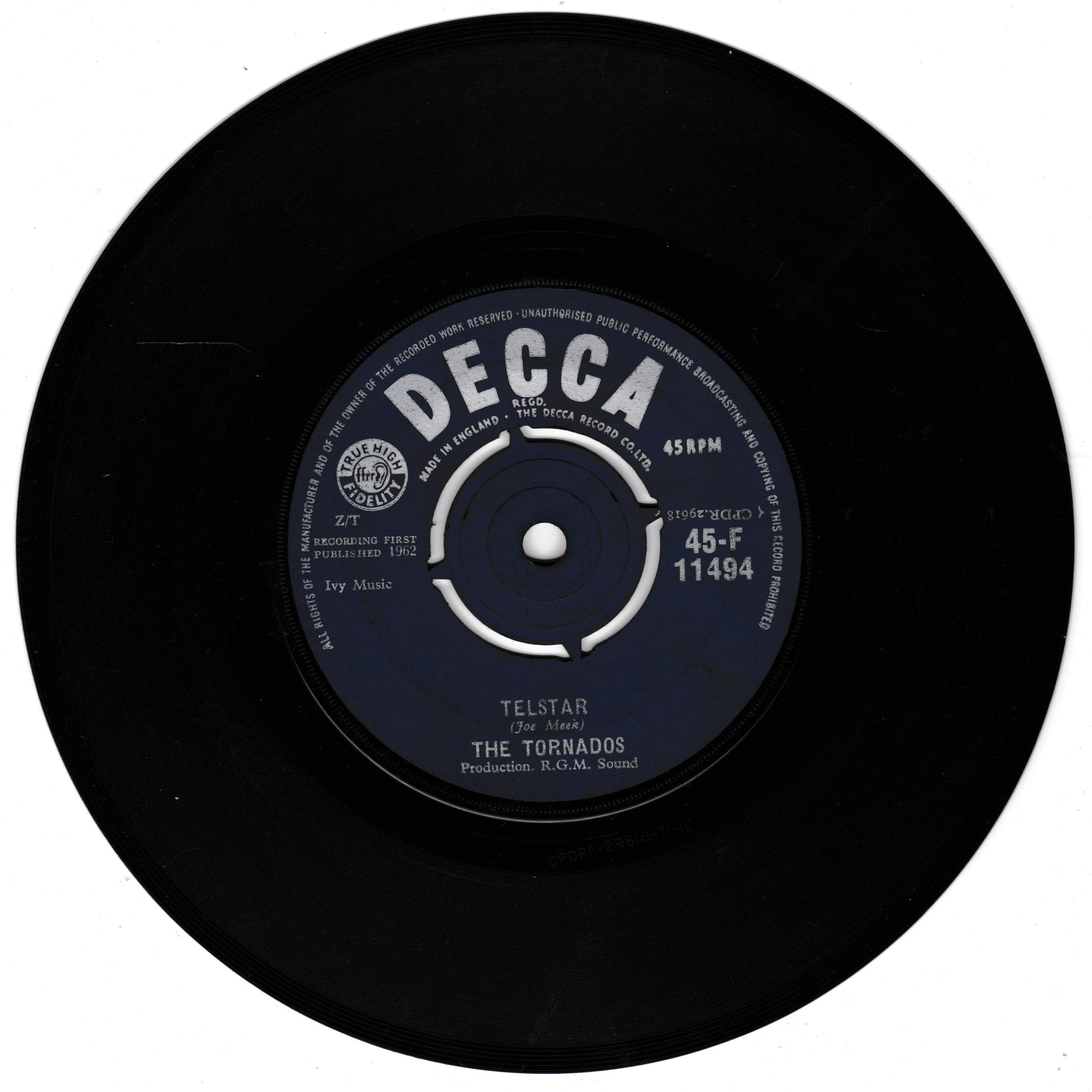 Black vinyl record with a Decca label on a white background