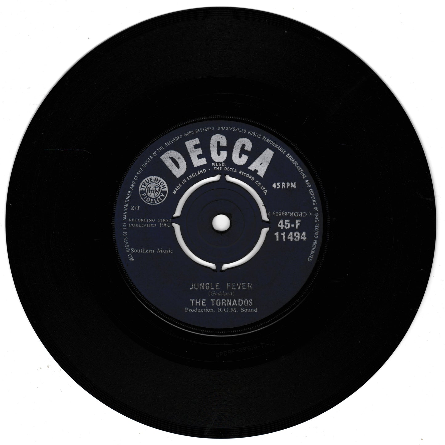 Black vinyl record with Decca label and 'Jungle Fever' by The Tornados