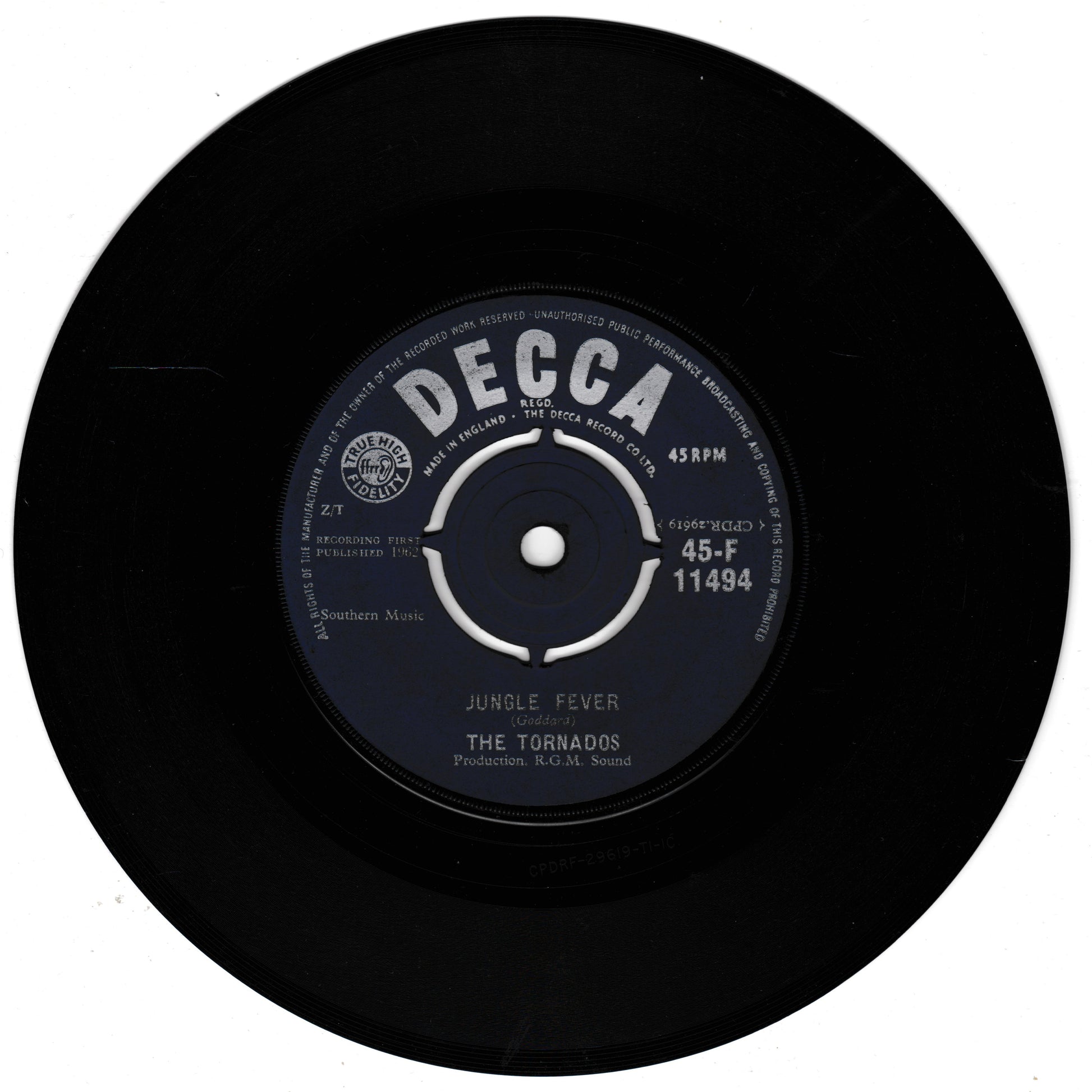 Black vinyl record with Decca label and 'Jungle Fever' by The Tornados