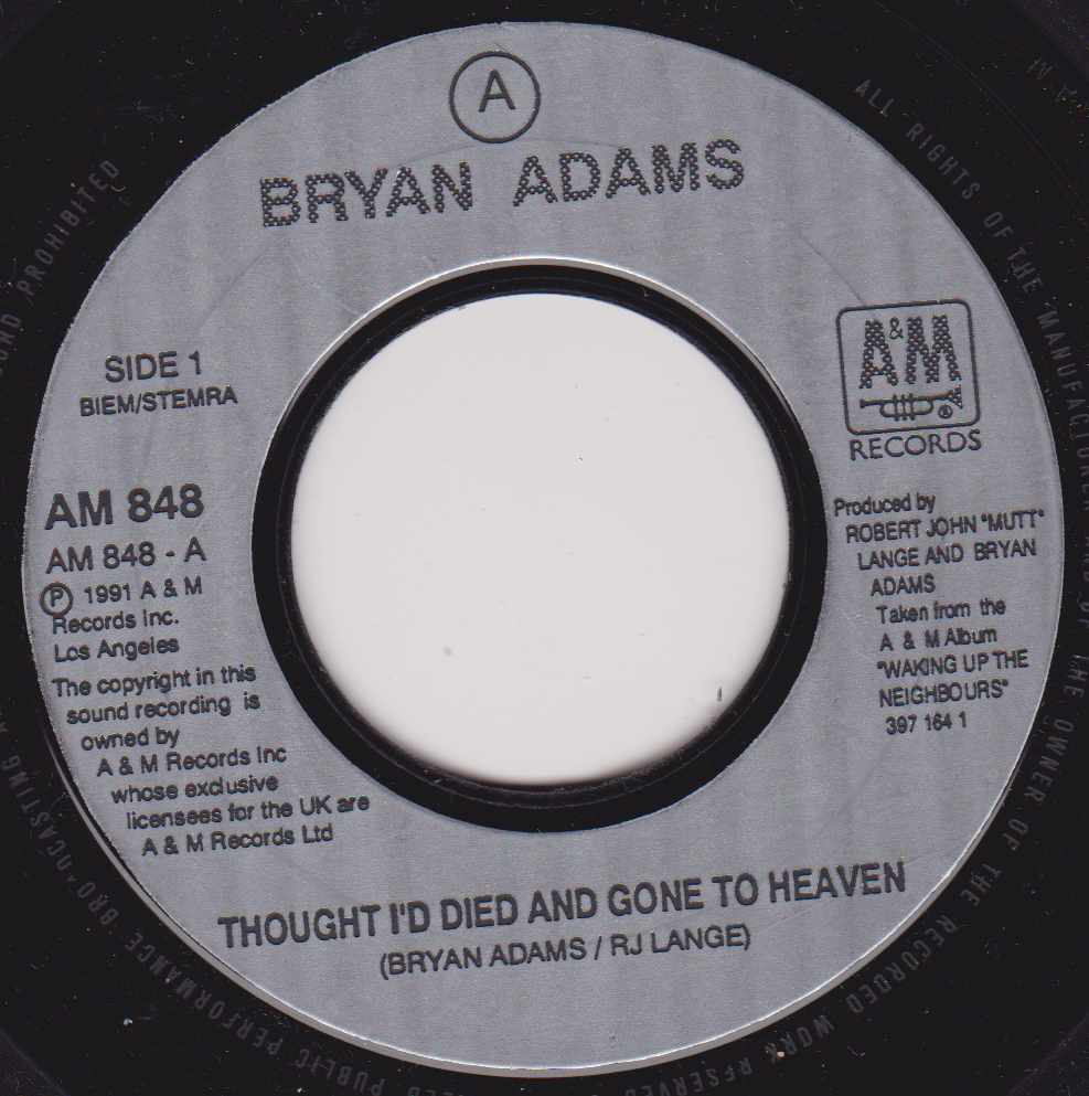 Bryan Adams ‎– Thought I'd Died And Gone To Heaven (A&M 1992) 7" vinyl single G+/- jukebox centre
