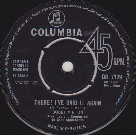 Record label from a Columbia 45 RPM record with text and branding.