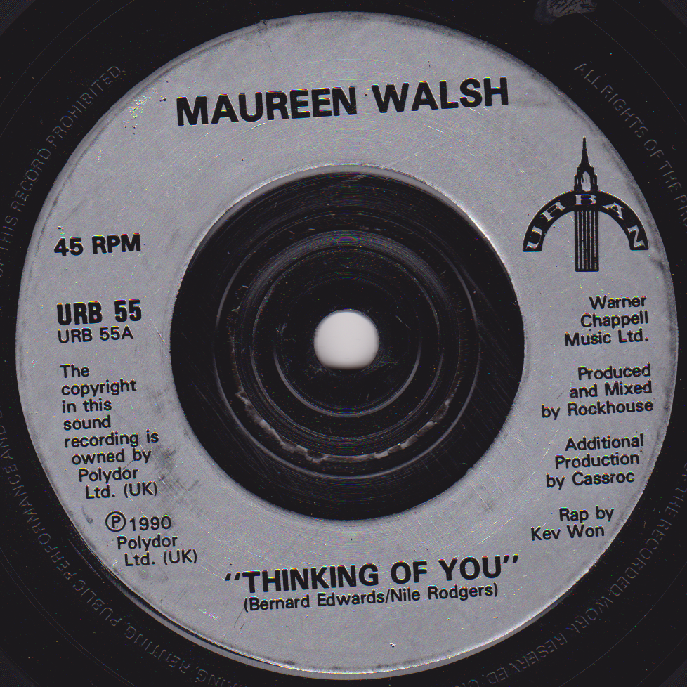 Record label for Maureen Walsh's 'Thinking of You' with text and branding details.