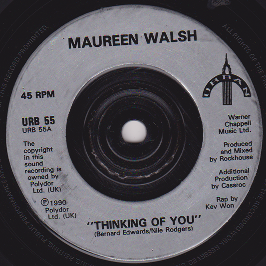 Record label for Maureen Walsh's 'Thinking of You' with text and branding details.