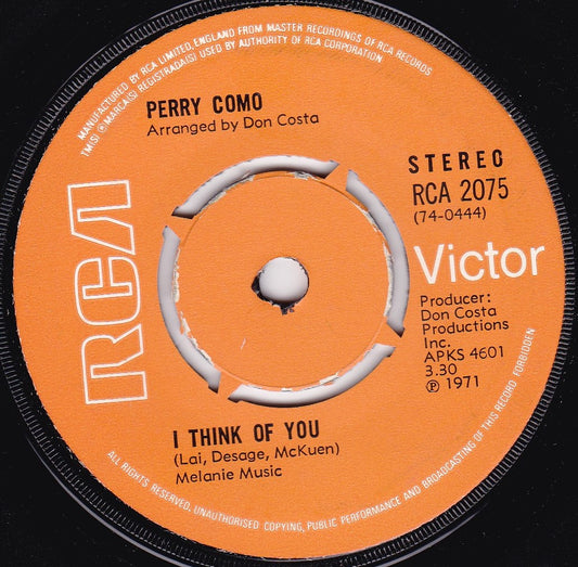 Perry Como ‎– I Think Of You (RCA 1971) 7" vinyl single VG/VG