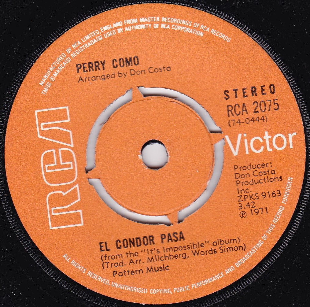 Perry Como ‎– I Think Of You (RCA 1971) 7" vinyl single VG/VG