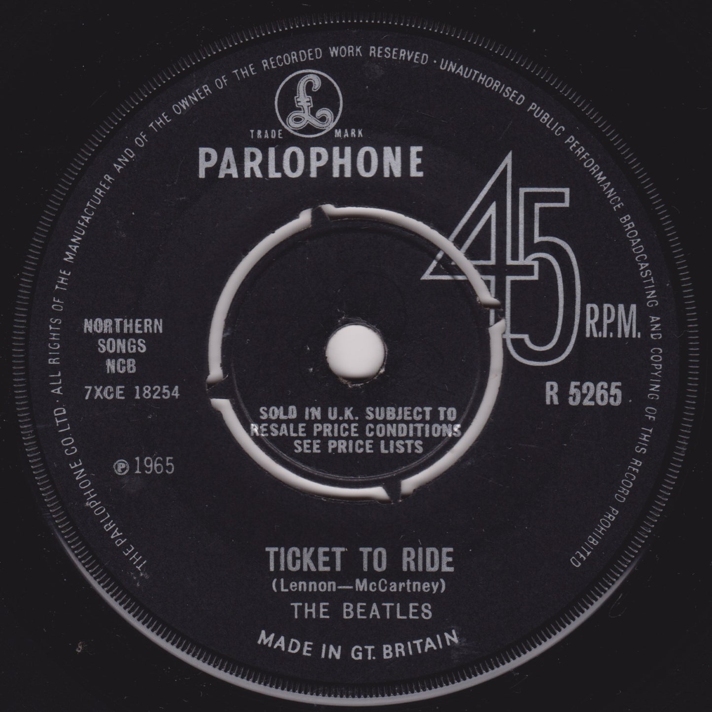 The Beatles ‎– Ticket To Ride (Parlophone 1965) 7" vinyl single VG/-