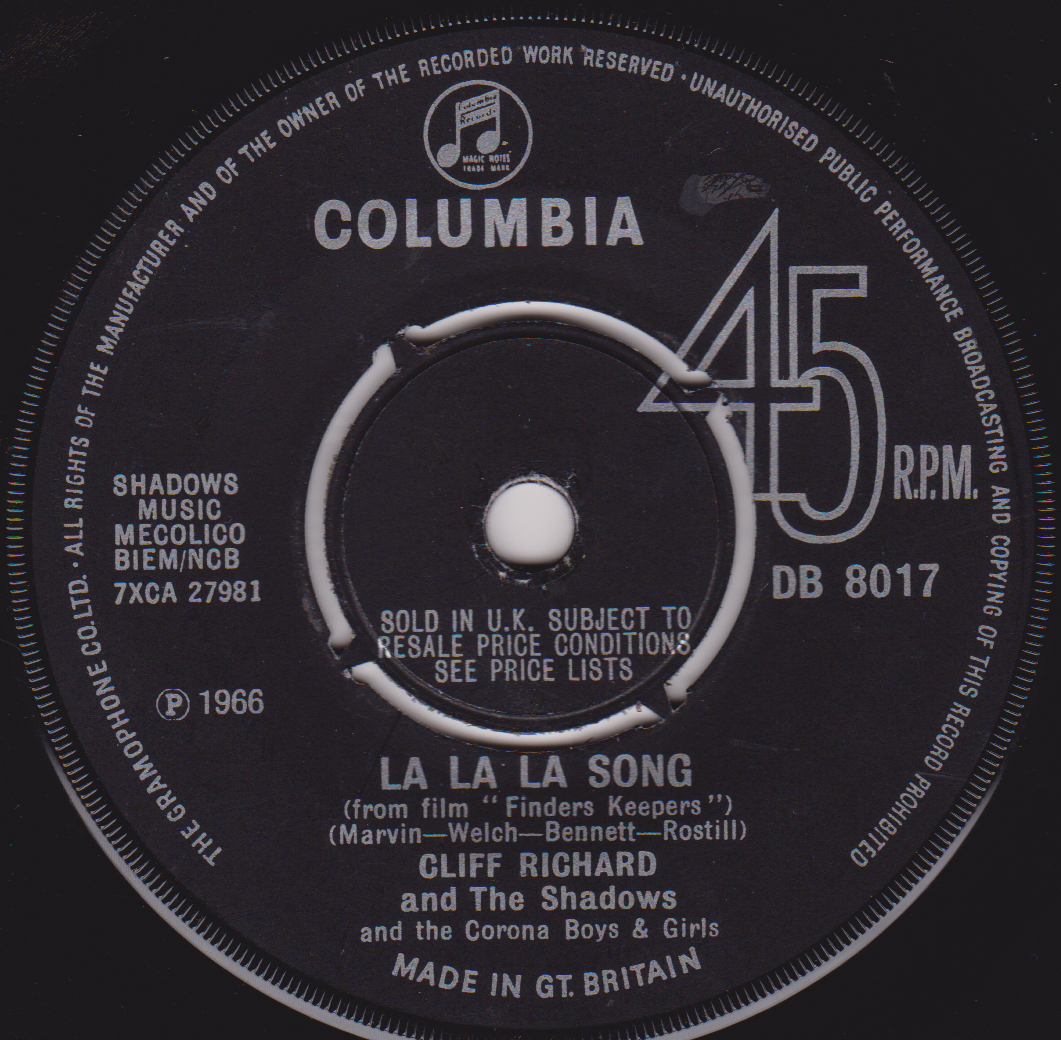 Record label for 'La La La Song' by Cliff Richard and The Shadows with Columbia branding.