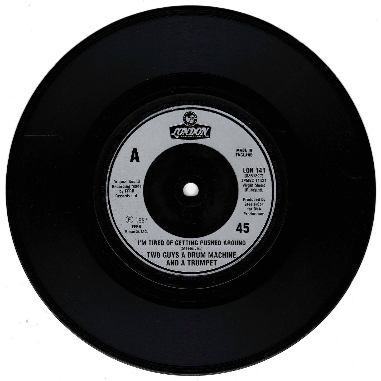 Black vinyl record with a label on a white background