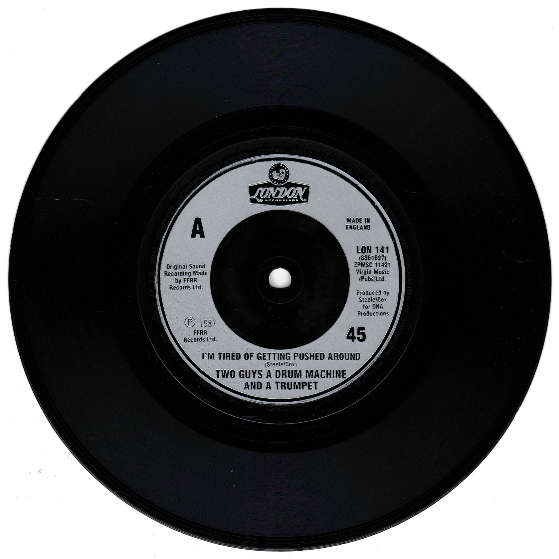 Black vinyl record with a label on a white background
