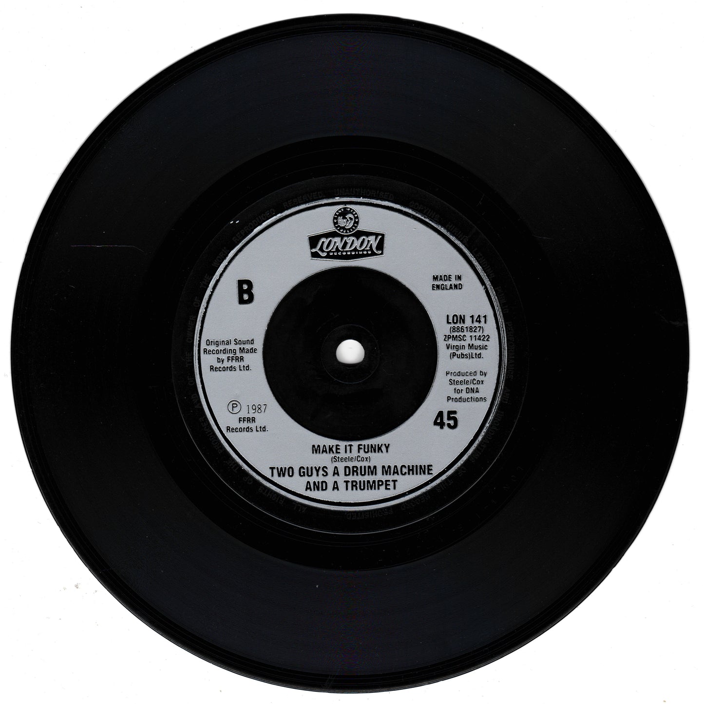 Black vinyl record with a label on a white background