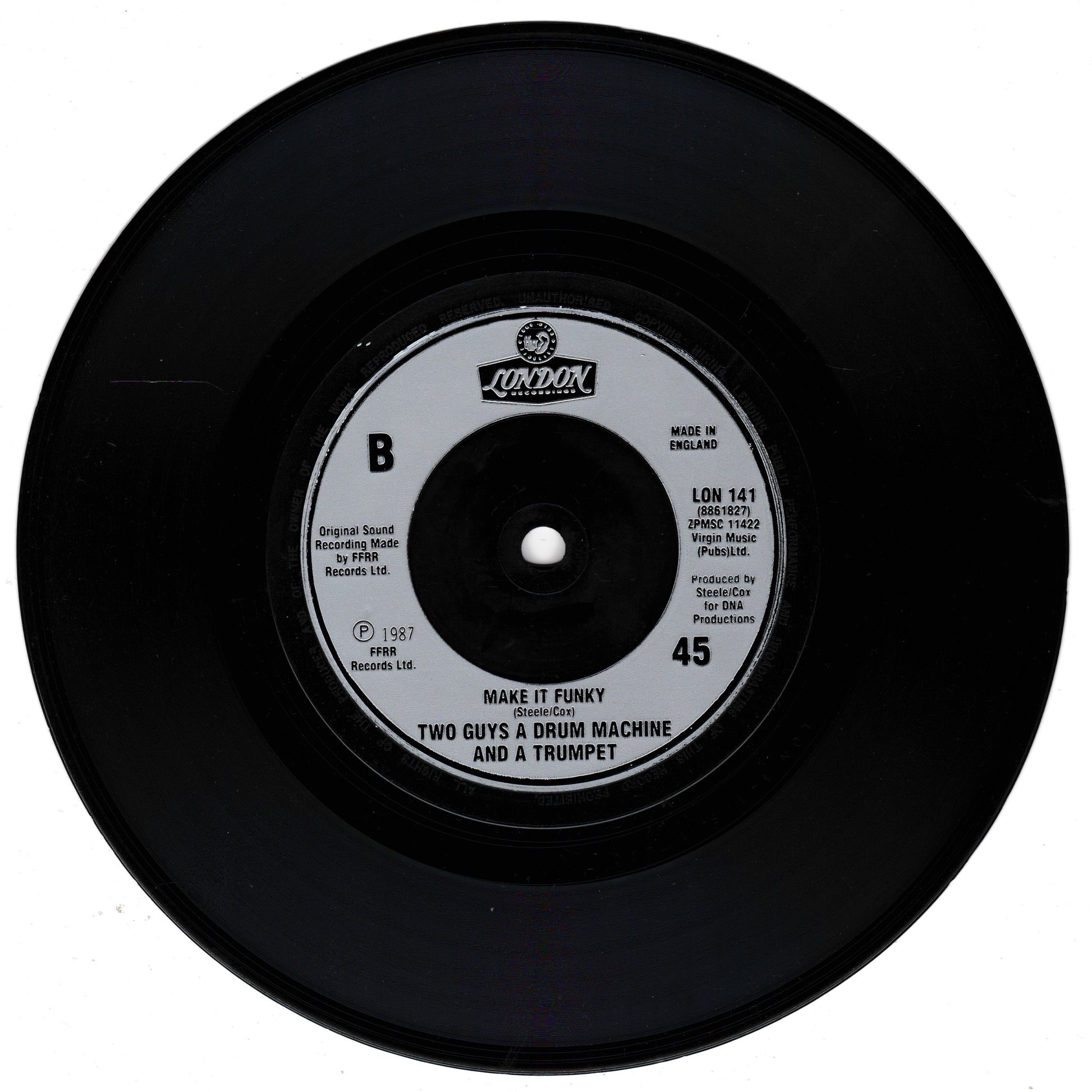 Black vinyl record with a label on a white background