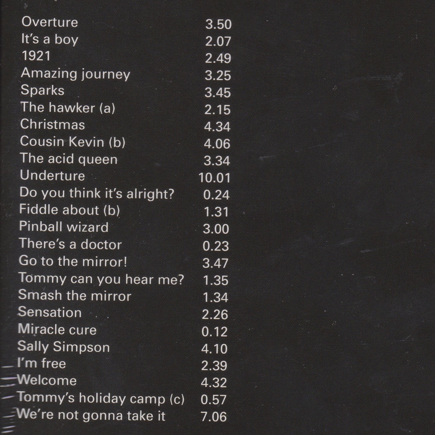 List of song titles with corresponding durations on a black background