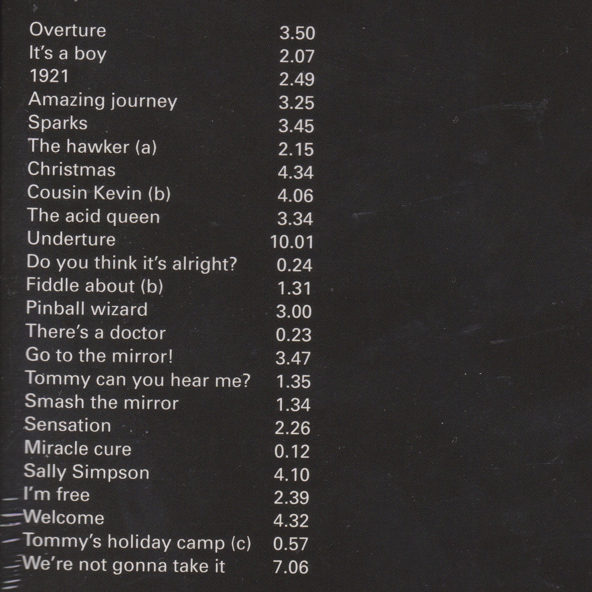 List of song titles with corresponding durations on a black background