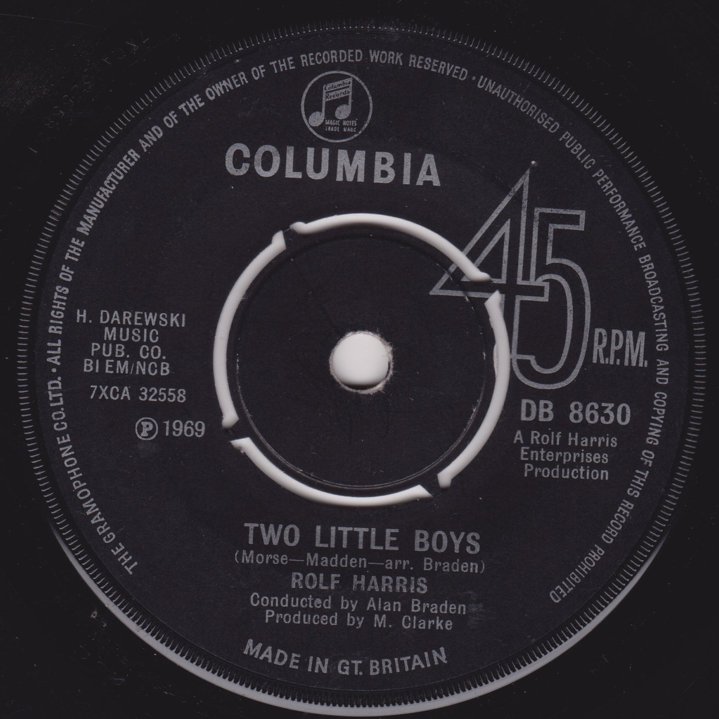 Rolf Harris - Two Little Boys (Columbia, 1969) 7" vinyl single VG/-