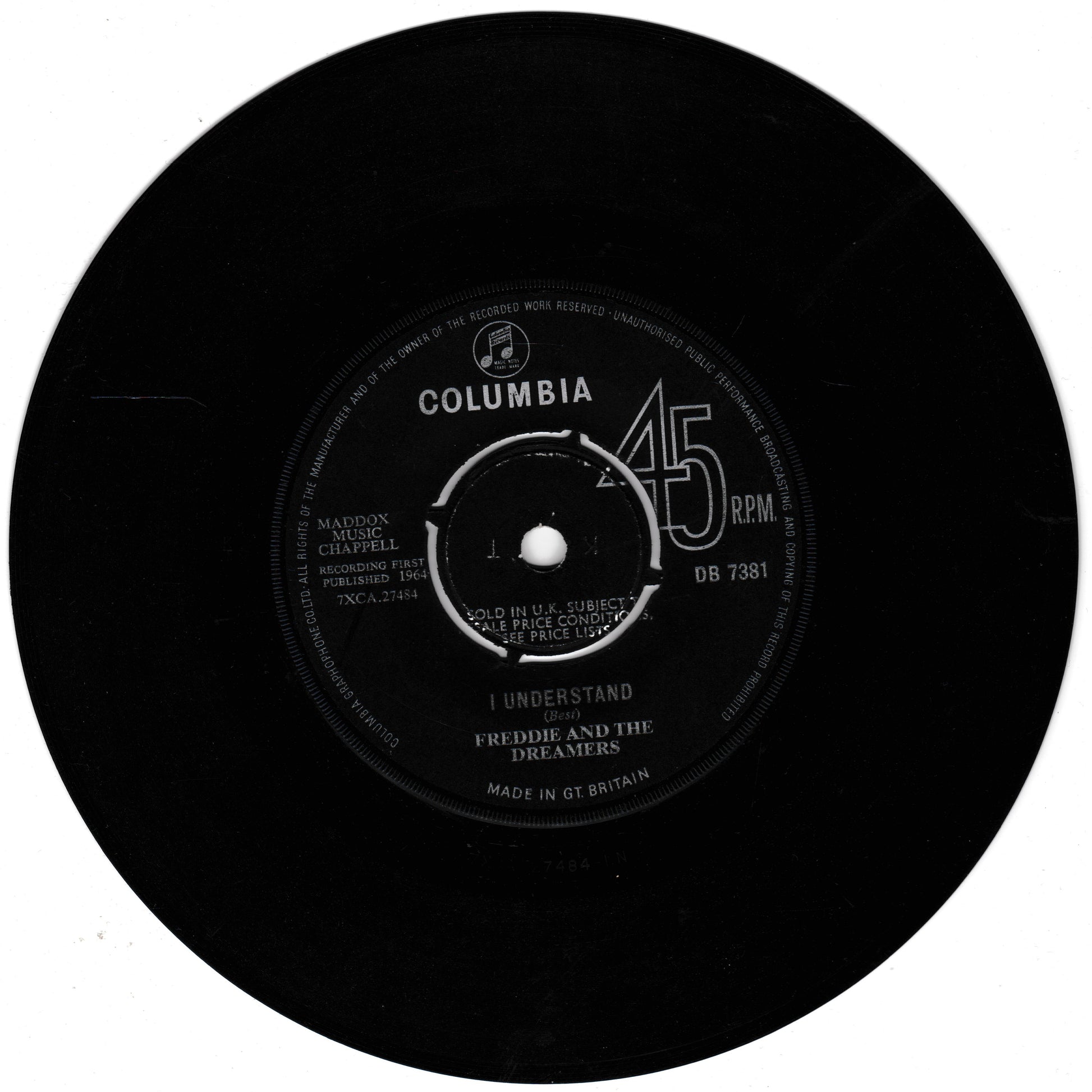 Black vinyl record with a Columbia label on a white background