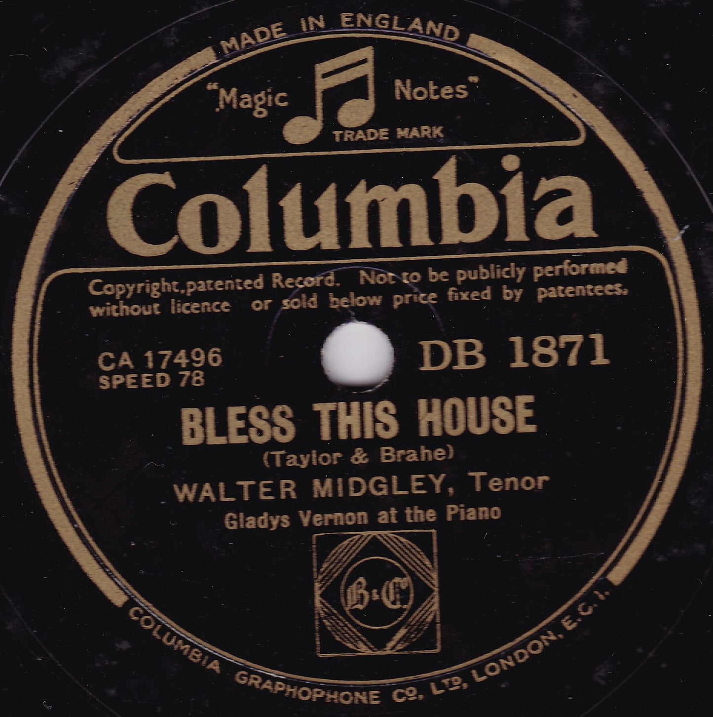 Walter Midgley - Until / Bless This House (Columbia) 10" shellac VG/-