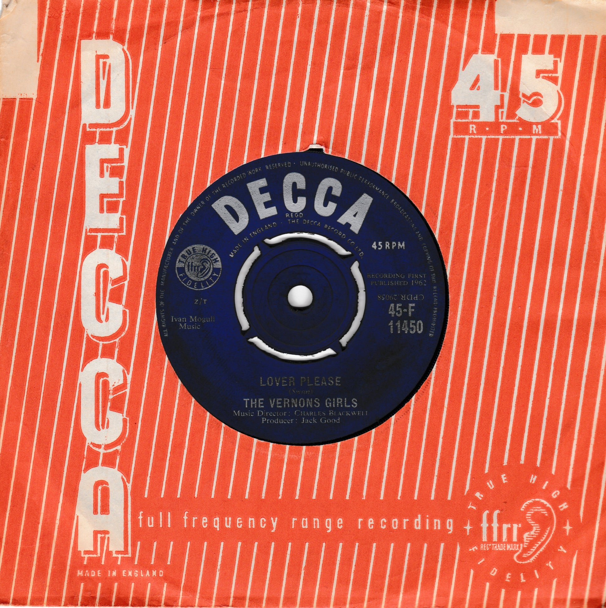 Decca 45 RPM record label on a red background