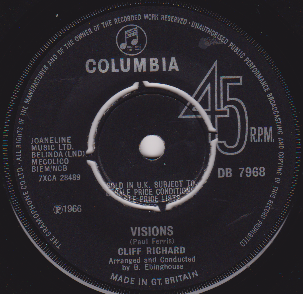 Record label of a Columbia 45 RPM record with 'Visions' by Cliff Richard.