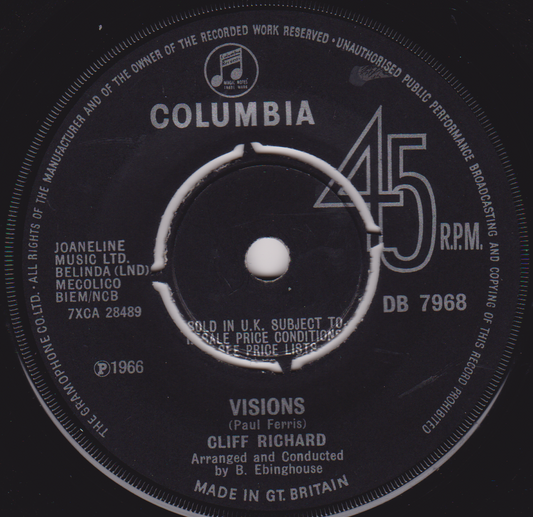 Record label of a Columbia 45 RPM record with 'Visions' by Cliff Richard.
