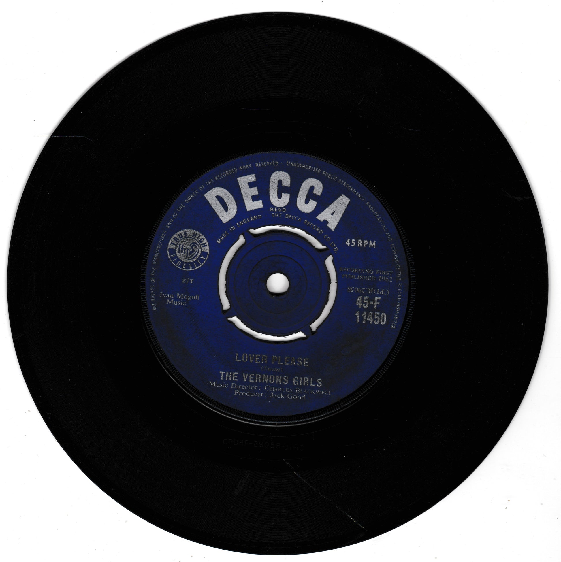 Black vinyl record with a blue label featuring the Decca Records logo.