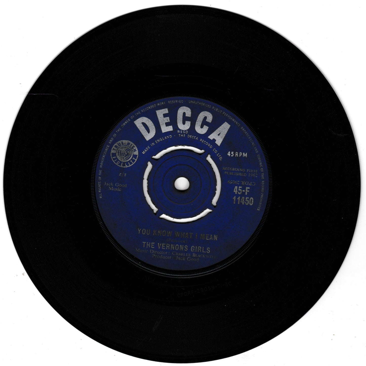 Black vinyl record with a blue label featuring 'Decca' branding
