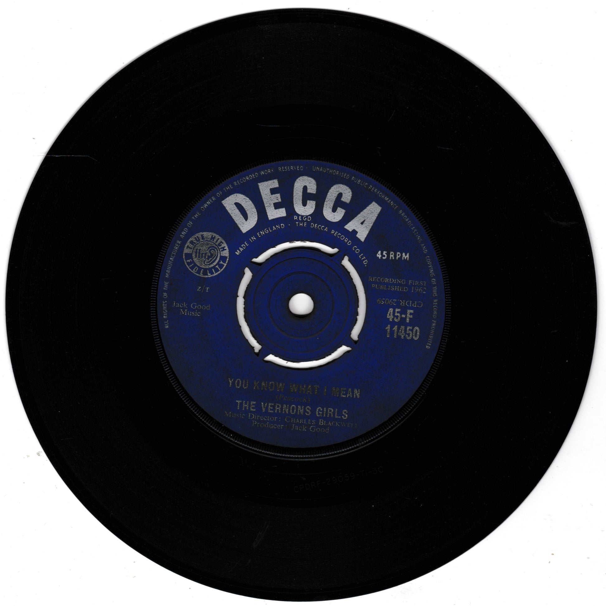 Black vinyl record with a blue label featuring 'Decca' branding