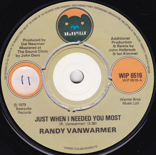 Randy Vanwarmer ‎– Just When I Needed You Most (1979) 7" vinyl single G+/-