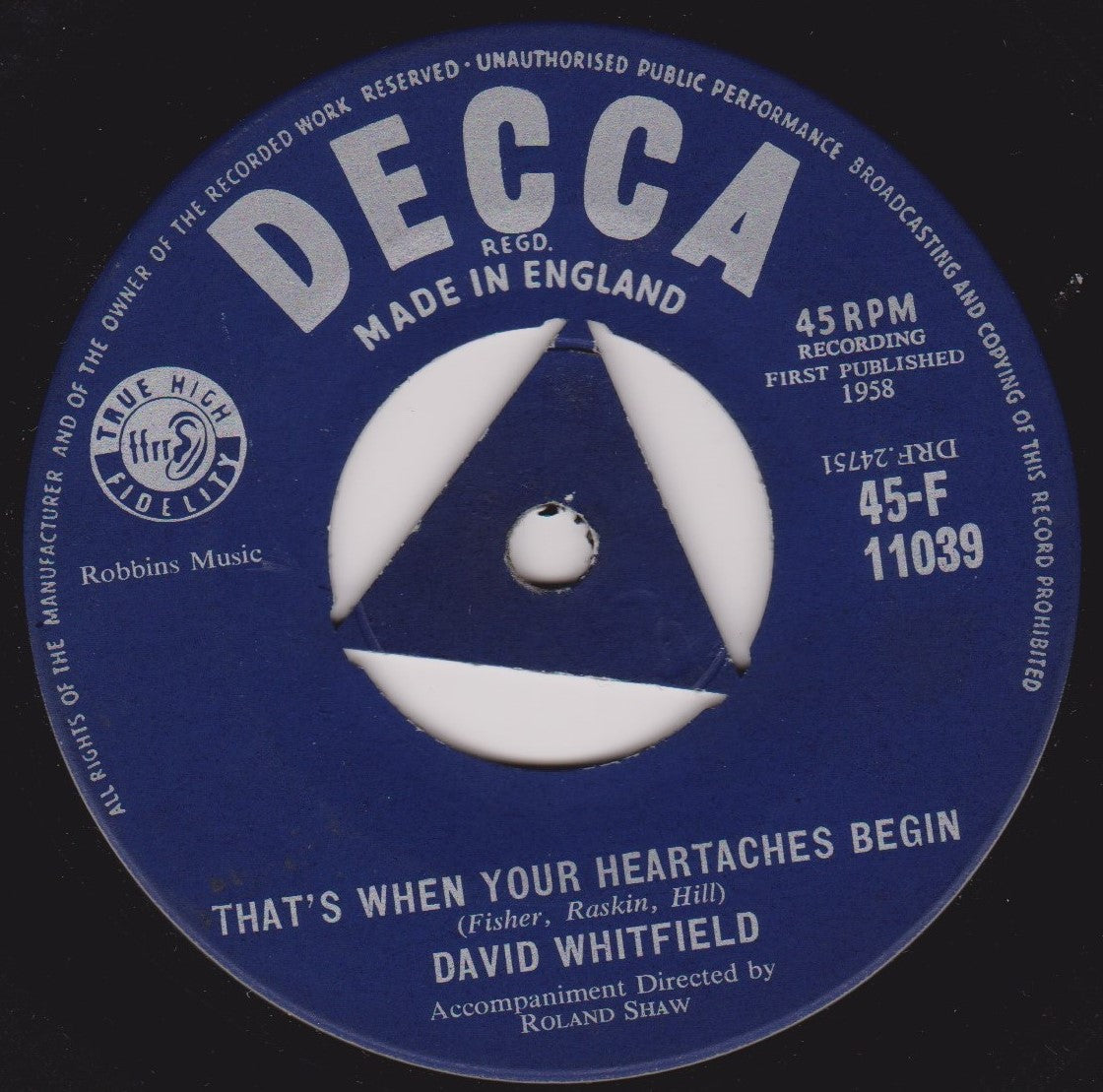 David Whitfield ‎– The Right To Love (Decca 1958) 7" vinyl single VG/-